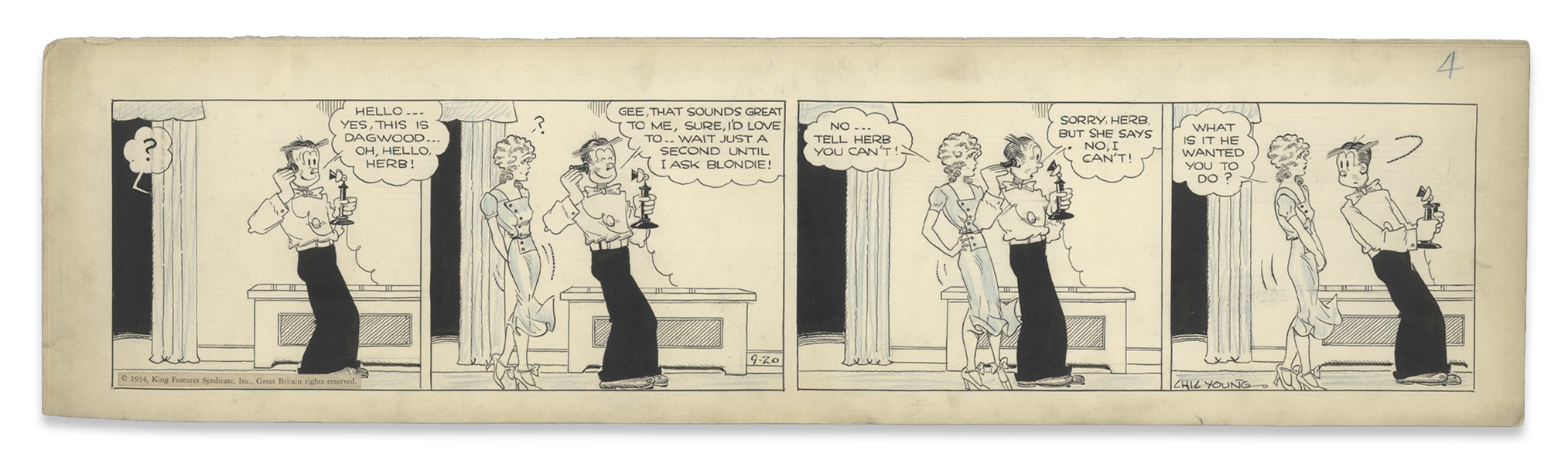 Chic Young Hand-Drawn ''Blondie'' Comic Strip From 1934 Titled ''On General Principles'' -- Blondie Quashes Dagwood's Fun
